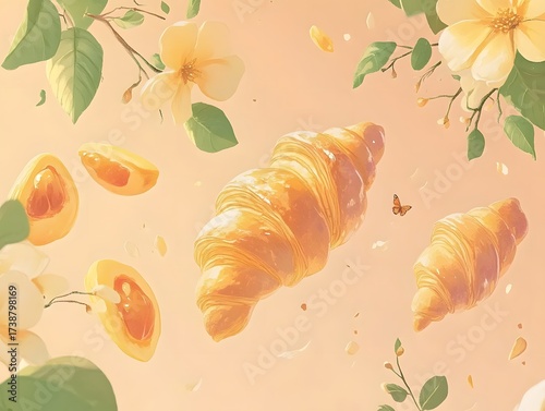 Floating Croissants Apricots Flowers Butterfly Pastel Illustration