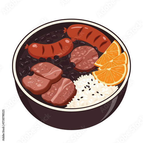Flat Design Brazilian Feijoada Bowl, Vector Illustration with Bold Outlines, Isolated on White Background