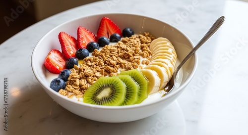 Colorful Yogurt Bowl With Granola And Fresh Fruit Slices For Healthy Breakfast