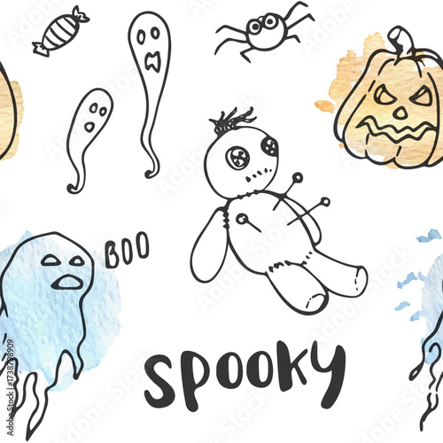Halloween doodles candy ghosts spider pumpkin voodoo doll text