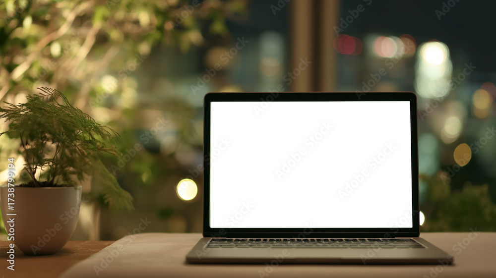 Fototapeta premium 夜の静寂に包まれたシンプルな作業空間とノートパソコンのあるミニマルなデスク風景｜夜景の光が差し込むシンプルインテリアとモダンな空間構成の抽象的イメージ