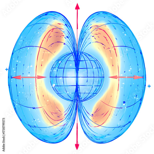 Scientific illustration of earth and magnetic field lines representing geospace