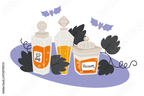 Halloween potions and bats on a purple oval surface