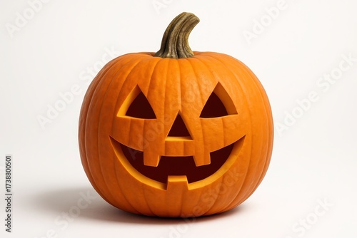 Premium carved halloween pumpkin with intricate face smooth orange skin and soft studio shadow isolated on pure white for seasonal ads and festive product mockups