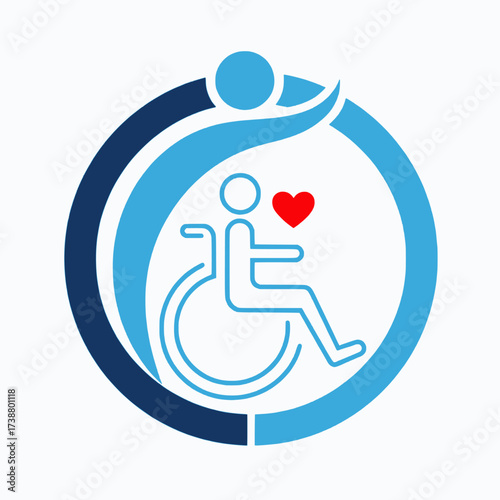 Blue “Care & Accessibility” Vector Icon — Wheelchair Emblem with Hugging Figure and Heart (EPS, transparent background)