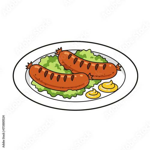 Flat Design German Bratwurst Plate, Vector Illustration with Bold Outlines, Isolated on White Background