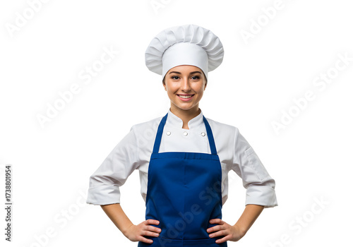 Smiling young female chef in uniform with toque and apron standing with hands on hips