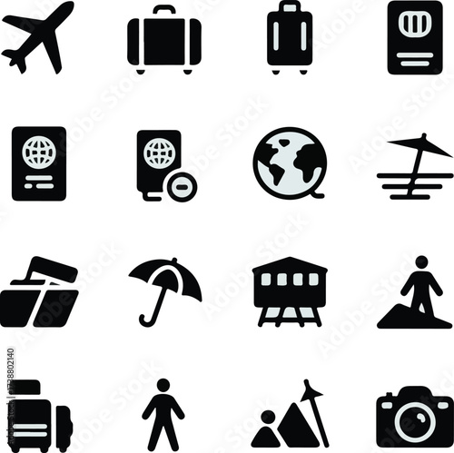 A comprehensive set of black solid glyph icons for travel and vacation.