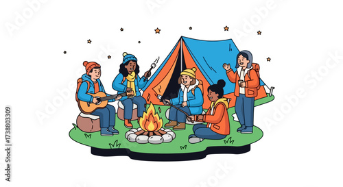 Diverse Group of Friends Gathered Around Campfire with Tent for Outdoor Adventure and Social Bonding, Ideal for illustrating friendship, travel, and outdoor recreation.