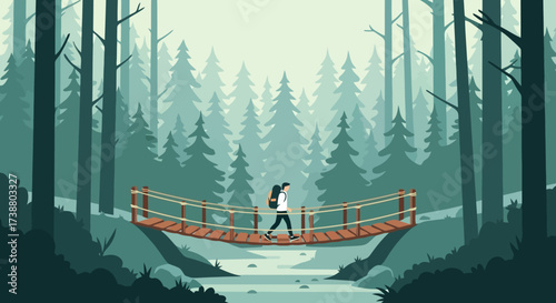 Solitary Hiker Crossing a Wooden Bridge Amidst a Tranquil Forest. Illustration ideal for adventure, travel, nature, and outdoor recreation visuals for brochures, websites, and marketing materials.