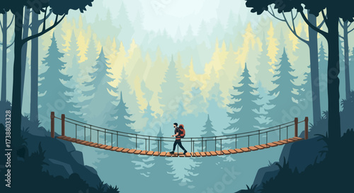 Solitary Hiker Navigating a Suspension Bridge in a Lush Forest. Ideal for showcasing outdoor adventure, personal growth, and the allure of natural landscapes.