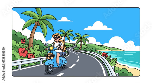 Animated tropical island road trip illustration showcasing a woman riding a scooter along a scenic coastal highway. Ideal for travel blogs, vacation promotions, and tourism advertisements.