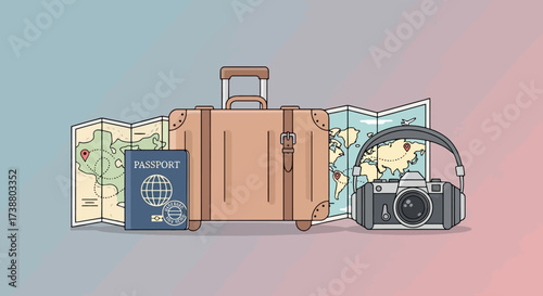 Travel Essentials Illustration Showcasing Suitcase, Passport, Camera, and Maps, Perfect for Tourism Promotion, Travel Blogs, or Vacation Planning Materials.