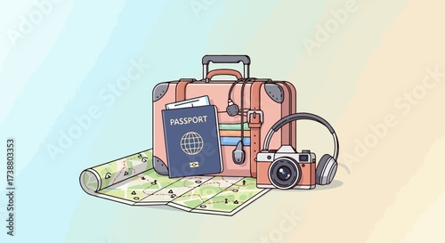 Illustrated Travel Essentials Depicting Vacation Preparation and Adventure Planning, Ideal for Travel Agency Marketing and Informational Travel Guides.