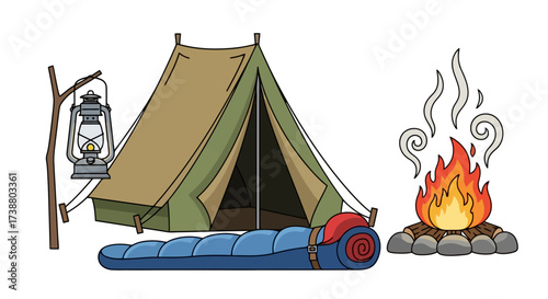 Camping Equipment and Campfire Illustration for Outdoor Adventure, Wilderness Exploration, and Nature Enthusiast Designs and Marketing Materials.