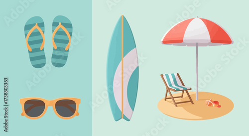 Vibrant Beach Essentials Illustration Showcasing Summertime Relaxation and Leisure Activities. Ideal for Promoting Travel Destinations, Vacation Packages, or Coastal-Themed Designs.