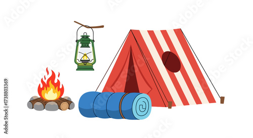 Illustrated camping equipment featuring a tent, campfire, lantern, and sleeping bag, suitable for outdoor adventure designs and recreational promotion