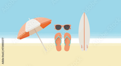 Minimalist beach essentials illustration featuring umbrella, sunglasses, flip flops, and surfboard ideal for summer vacation promotion or travel-themed graphic design.
