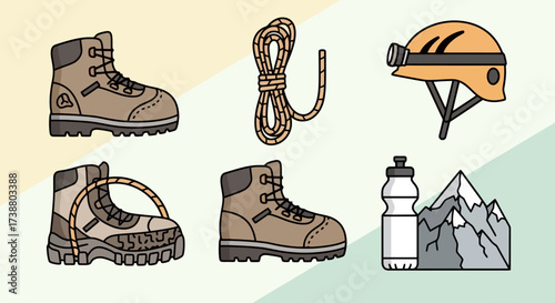 Hiking and Mountaineering Equipment Illustration Set Depicting Essential Gear for Outdoor Adventures and Safety, Ideal for Promotional Materials and Informational Graphics
