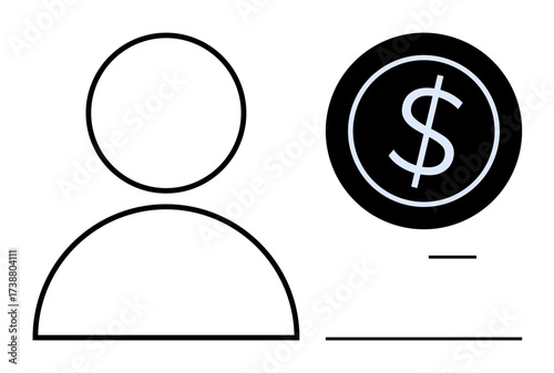 Minimalist person outline next to a dollar sign in a circle. Ideal for finance, budgeting, salary, wealth, personal income, economic analysis, and monetary management. Simple flat metaphor