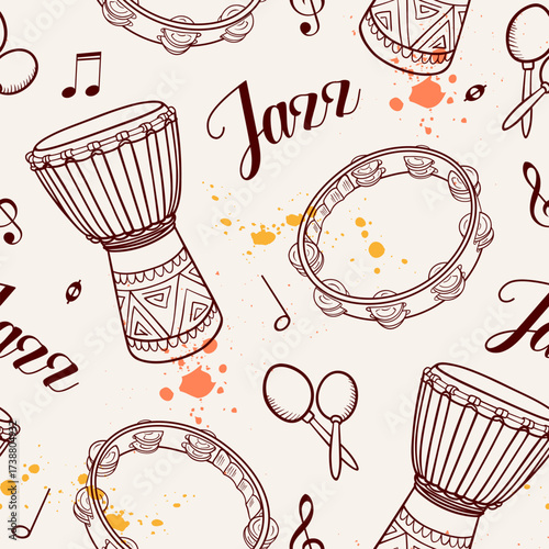 Handdrawn jazz instruments with scattered paint splatters