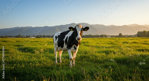 Domestic cow standing on farmland, symbol of agriculture, livestock, and rural life, perfect for farming, dairy, and nature themes.