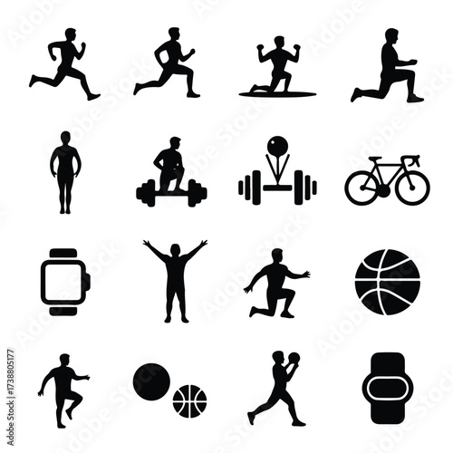 Fitness Exercise and Healthy Lifestyle Black Icon Set.