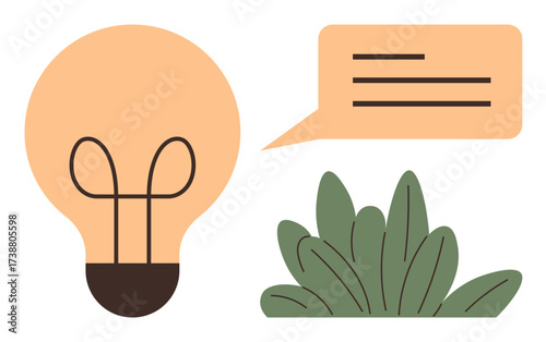 Light bulb for creativity, speech bubble with text lines for communication, and green plant symbolizing growth. Ideal for innovation, brainstorming, ecology, collaboration, solutions, dialogue