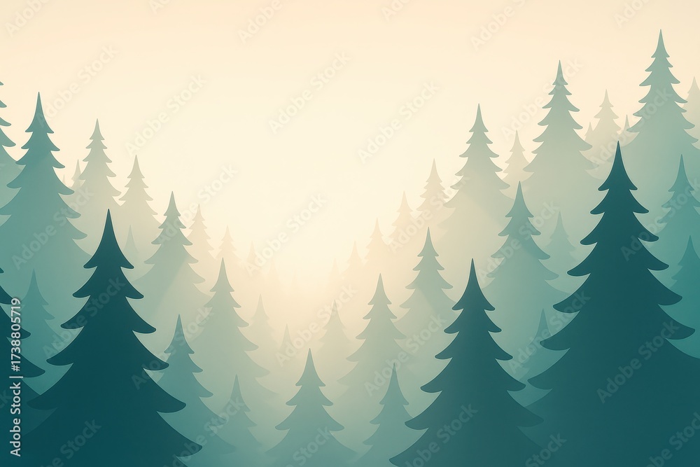 Fototapeta premium Stylized forest panorama with layered trees rolling hills and sunbeams a clean vector illustration inspired by nature ideal for eco campaigns prints and modern editorial layouts