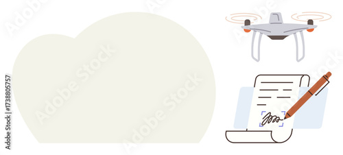 quadcopter hovering, pen signing document, cloud representing digital storage. Ideal for innovation, technology, paperwork digitization, cloud management, logistics, automation futuristic concepts