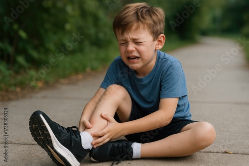 Young boy sitting on sidewalk holding sprained ankle in pain  