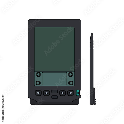 Lineal color vector icon of a 1990s PDA device with stylus, showcasing vintage digital technology, retro mobile organizer, and early personal computing tools.