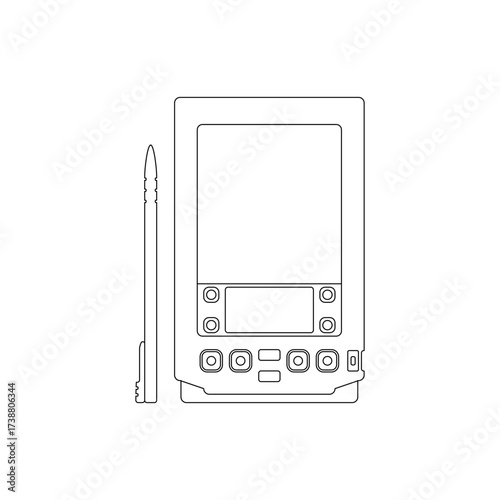 Minimalist outline vector icon of a 1990s personal digital assistant PDA device with stylus, symbolizing vintage mobile technology and organization tools.