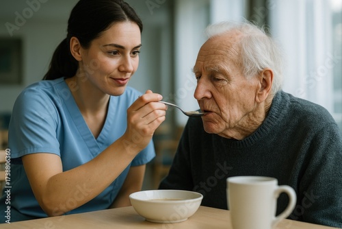 Caregiver feeding elderly man soup in nursing home during daylight  