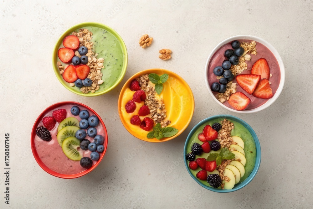 Fototapeta premium Colorful smoothie bowls topped with fresh fruits and granola arranged on a light surface