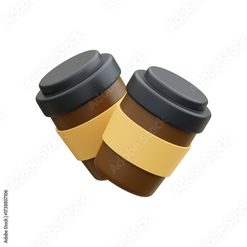 Two 3D Rendered Brown Coffee Cups with Black Lids and Tan Sleeves Isolated on Transparent Background
