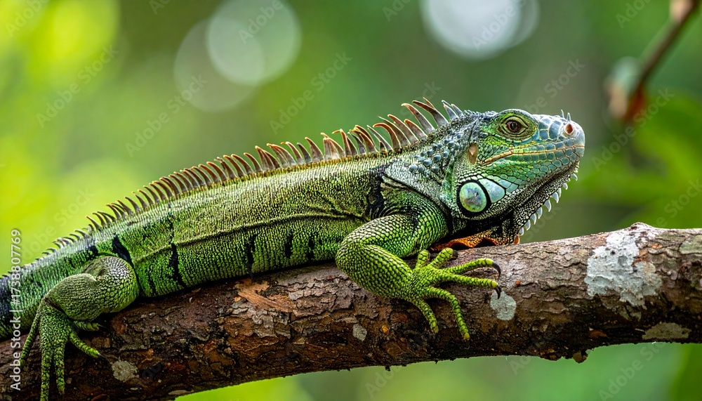 Fototapeta premium Green Iguana basking on a branch in the sunlight showing its beautiful scaly skin