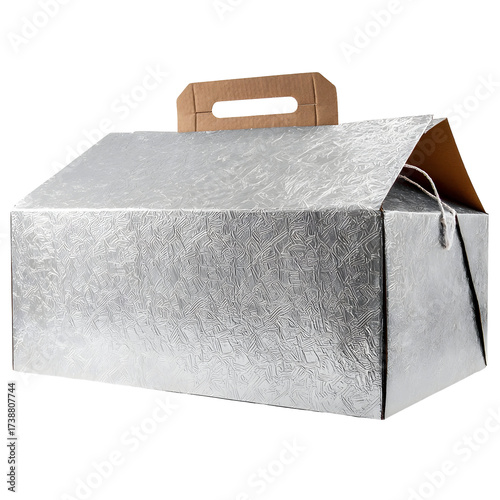 Silver foil box with handle and transparent background