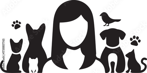 Woman surrounded by pets cat, dog, bird silhouettes
