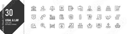 Legal and Law Line Icons – Justice, Court, Lawyer, Contract, Agreement, Compliance