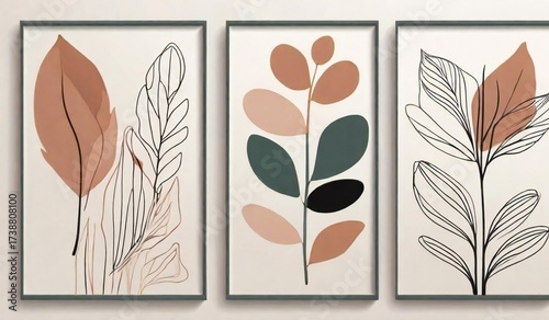 Triptych of abstract botanical illustrations with earthy tones and minimalist design