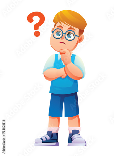 Cute boy wearing glasses wondering with a question mark floating next to him, showing a look of confusion or contemplation. Vector cartoon illustration