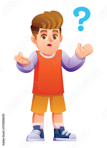Boy wondering with an open-mouth expression and hands raised in a gesture of confusion or surprise next to a floating question mark. Vector cartoon illustration