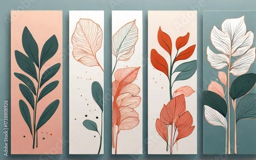 Abstract botanical artwork featuring stylized leaves and plants in warm tones