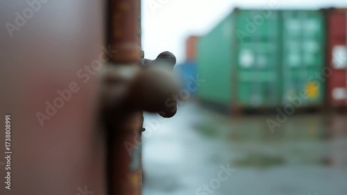 Closeup of Rusted Metal Handle on Industrial Container with Blurred Background