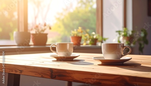 Two cups rest on wood table