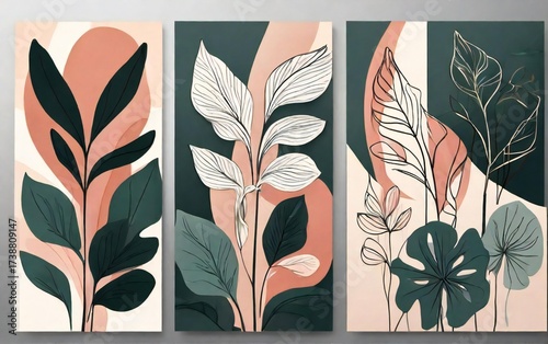 Modern abstract botanical triptych art with pink and green leaves
