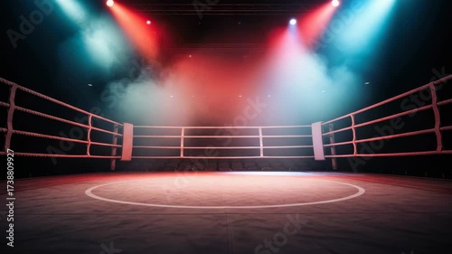 empty fighting ring with white ropes and central circle is dramatically illuminated by red and blue spotlights piercing through smoky atmosphere with dark vacant seats visible