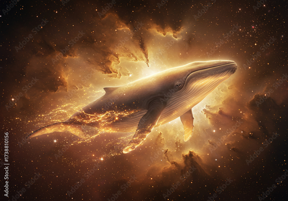 Obraz premium A majestic whale swims through a vibrant, golden nebula filled with stars and cosmic dust, bathed in ethereal light.