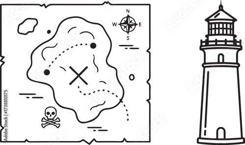 Classic Pirate Treasure Map and Coastal Lighthouse Illustration